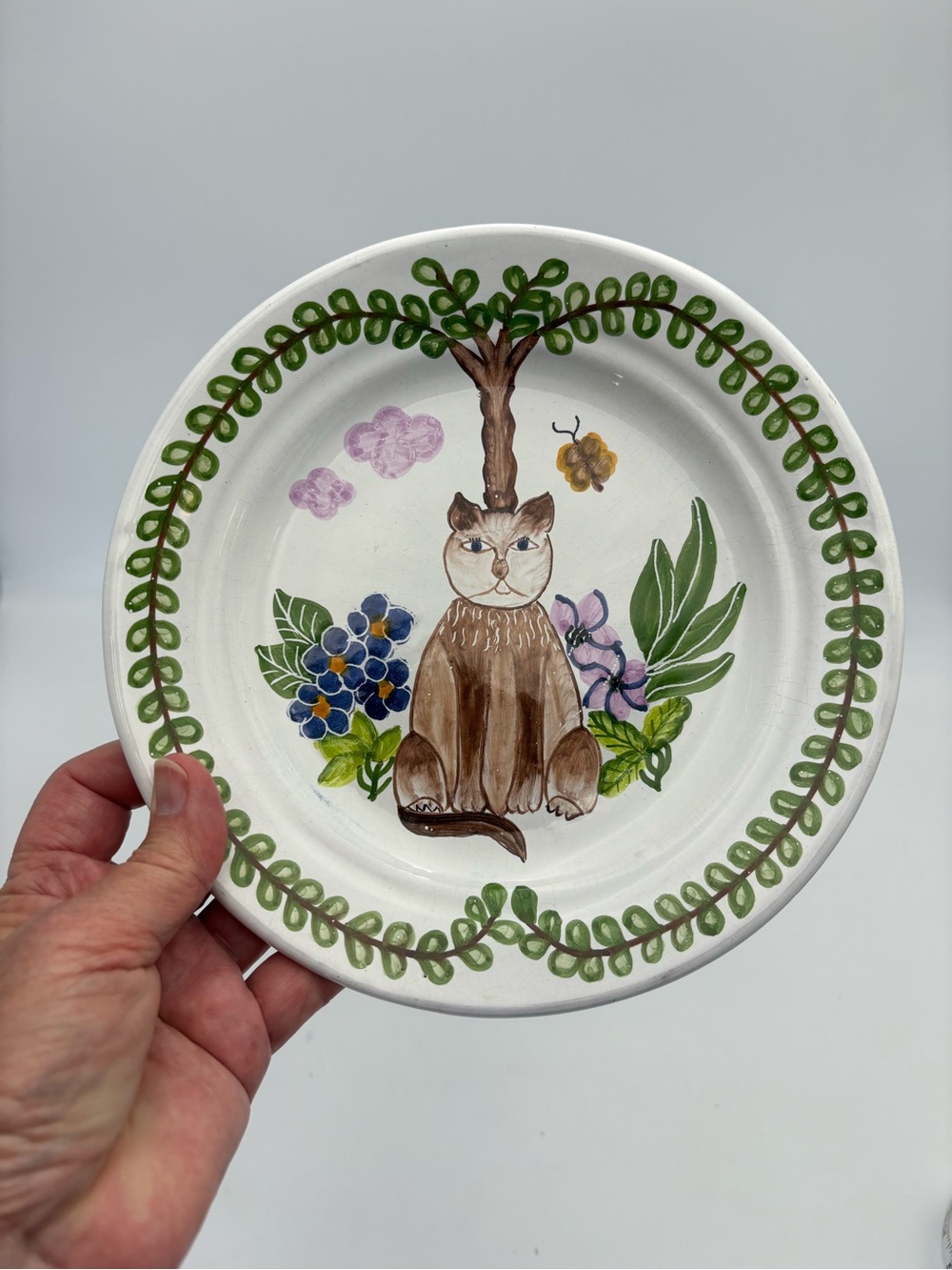 Vintage Hand-Painted Decorative Cat Folk Art Plate — Portugal